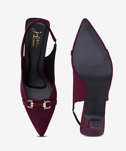 Image of JM LOOKS Women's Sophisticated Pointed Toe Slingback Kitten Heels with Metallic Buckle Accent for Professional and Evening Elegance