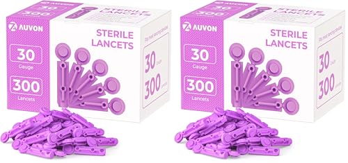 AUVON Blood Lancets, 30 Gauge 300 Twist Top Lancets with Less Pain Design Fit Most Standard Lancing Devices for Blood Sugar Kit and Glucose Meter - Purple (Pack of 2)