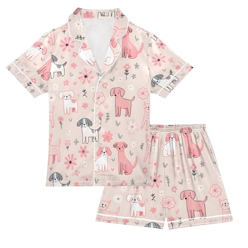 ALAZA Puppy Dog Flower Pajamas Satin Pajama Set Short Sleeve Button Down Sleepwear