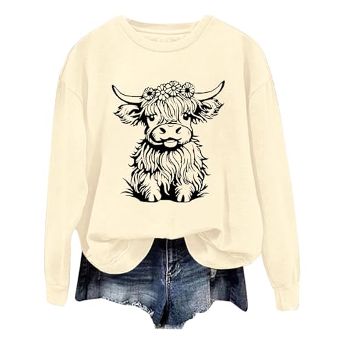 Sweatshirt femme beige col rond au design moderne imprimé vache L