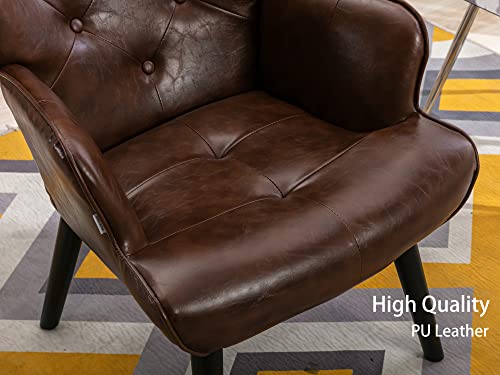 Dolonm Pu Leather Accent Chair Modern Tufted Button Wingback Reading Chair With Arms Upholstered Tall Back Side Chair With Solid Wood Legs For Living Room Bedroom Waiting Room (Brown) #TOP6