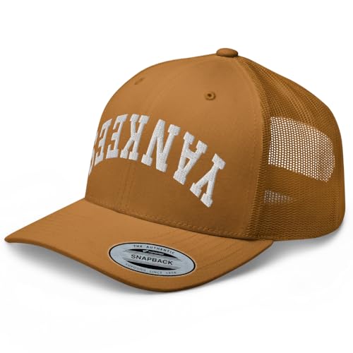 RIVEMUG NG Yankees Upside Down Embroidered Cuved Bill Trucker Hat Mid Crown Adjustable Cap Caramel