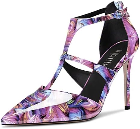 TNYNFBEB Women Stiletto High Heel Close Pointed Toe Pumps T-Strap Zipper Party Office Basic Classic 3.9 Inches Heels Purple Multicolor 9 M US