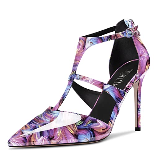 Tnynfbeb Women Stiletto High Heel Close Pointed Toe Pumps T-Strap Zipper Party Office Basic Classic 3.9 Inches Heels Purple Multicolor 9 M Us #TOP24