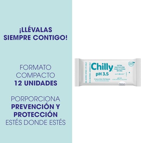 Chilly Salviettine Delicate, Salviette per l'Igiene Intima, Azione di Difesa, Tessuto 100 % Biodegradabile, Ottime Fuori Casa, pH 3.5, Clinicamente Testato, Confezione da 12 Salviettine