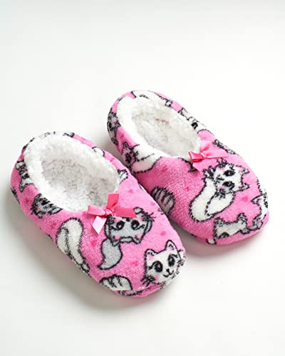 Rene Rofe Girls' Pajamas - Long Sleeve Sleep Shirt Nightgown With Slippers (Size: 6-16), Size 10/12, Pink/White Cat #TOP4
