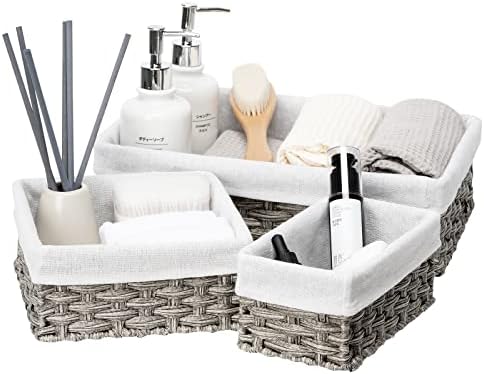 FairyHaus Wicker Baskets for Organizing 3 Pack, Waterproof Small Wicker Storage Basket for Shelves Rectangle, Nesting Lined Grey Wicker Basket