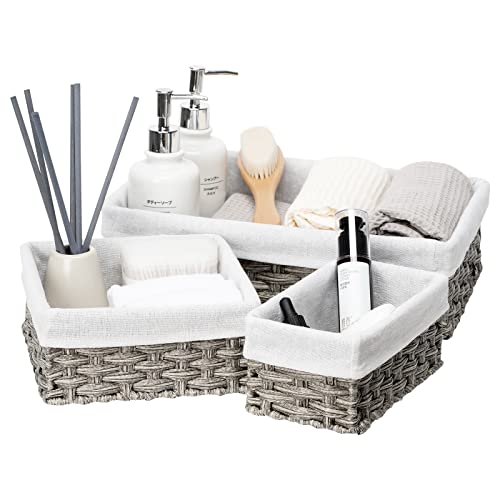 FairyHaus Wicker Baskets for Organizing - 3 Pack, Waterproof Small Storage Basket for Shelves, Rectangle, Nesting Lined Grey Basket
