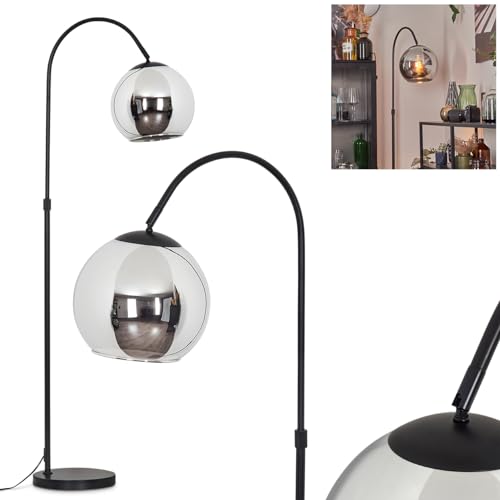 Stehleuchte Koyoto, Stehlampe aus Metall/Glas in Schwarz/Chrom/Rauch, Leuchte im Retro/Vintage/Industrial-Design mit Schirm aus Glas (Ø 25 cm) u. Fußschalter, Höhe 141 cm, 1 x E27, ohne Leuchtmittel