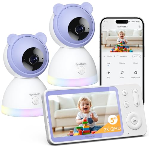 YESIMOM 2K Baby Monitor Video e Audio, Telecamera Bambini Supporto Controllo Tramite Cellulare APP & 5' Monitor, Videocamera Neonato con Luce Notturna, 360° PTZ, Allarmi Pianto e Movimento（8TM-2PZ