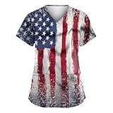 Women's 4th of July Scrub Tops 2026 Plus Size Short Sleeve USA Patriotic Printed Design Medical Nurse Work Scrubs 49e-Wine XL