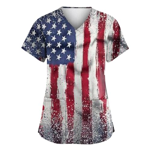 Women's 4th of July Scrub Tops 2026 Plus Size Short Sleeve USA Patriotic Printed Design Medical Nurse Work Scrubs 49e-Wine XL