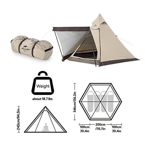 Naturehike Ranch Pyramid Tent - Hexagonal Pyramid Tent Igloo Tent Outdoor House Kits To Build To Live In - Thickened Rainproof Camping Indian Tent (3-4P, 3-4P With Snowskirt) #TOP1