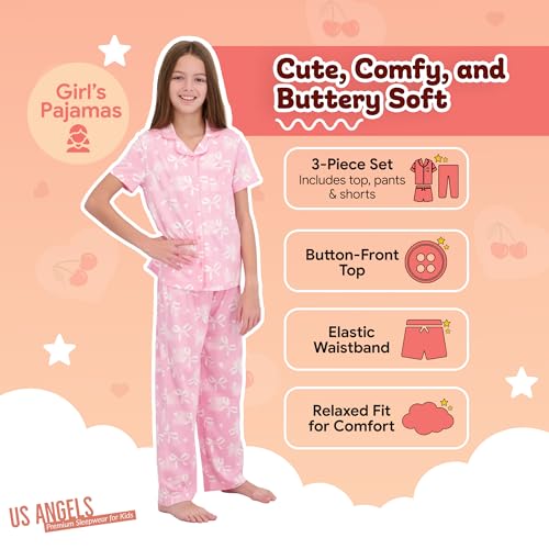 Image of US Angels Girls Pajama Set 3 Piece, Short Sleeve Button Down PJs with Shorts & Pants, Soft Sleepwear Girls & Tweens Size 5-16