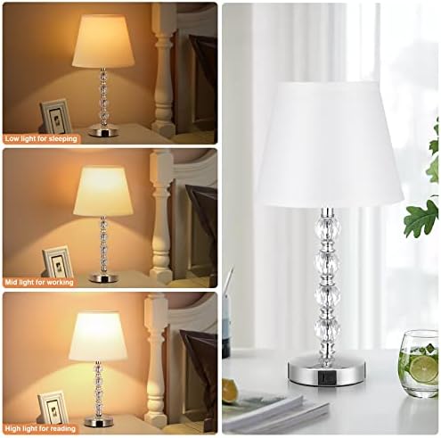 Seealle Touch Crystal Table Lamp with Type C+USB A Charging Ports, Bedroom Lamp 3 Way Dimmable Touch Control LED Bulb Included, White Linen Shade Metal Base Lamp for Bedroom, Living Room and Office