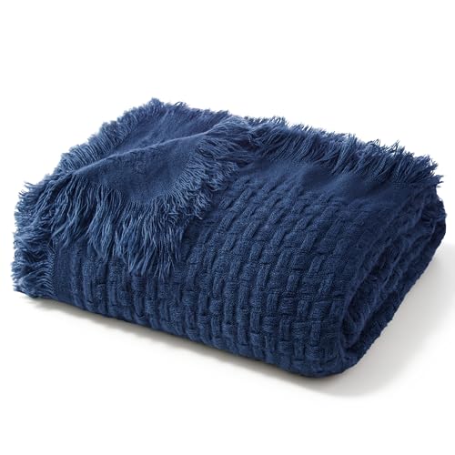 Exclusivo Mezcla Knit Throw Blanket with Fringes for Couch, Reversible Super Soft and Warm Woven Boho Throw for All Season, Home Decor, 127x152 CM, Navy Blue