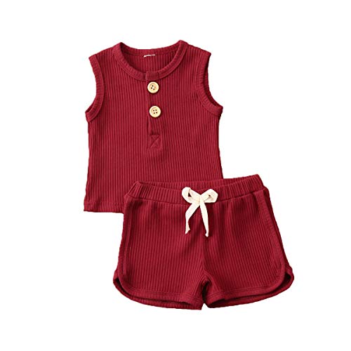 2PCS Toddler Baby Girls Boys Sleeveless Ribbed Top Button T-Shirt Shorts Pants Summer Cotton Outfit Clothes Set (Wine Red, 2-3T)
