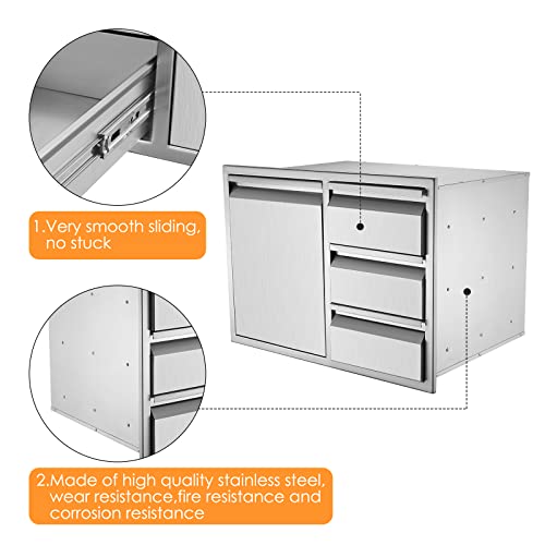 Yokrawpet Outdoor Kitchen Drawer Combo, BBQ Access Door Drawers Combo with Stainless Steel, Perfect for BBQ Grill Station Outdoor Kitchen Storage Cabinet (28"" W x 19.6“D x 20.1"" H), Large, Slivery - Thumbnail 5