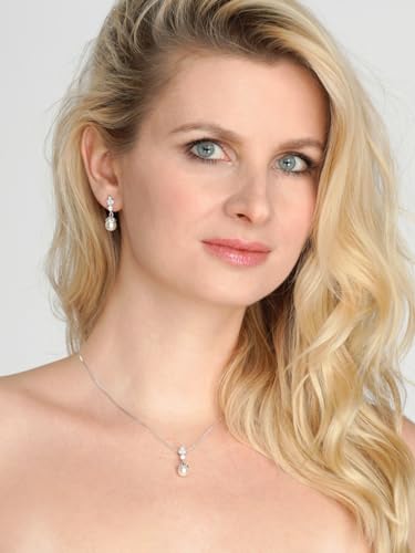 Mariell Ivory Pearl Necklace and Drop Earrings Bridal and Wedding Jewelry Set for Women, Brides, Bridesmaids or Mother of the Bride, Platinum Plating, Perfect Jewelry Gift for Women