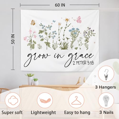 AQYIP Floral Christian Tapestry Wall Hanging, Grow in Grace Butterfly Wildflowers Floral Tapestry Decorative, Bible Verse Wall Blanket Decor for Home Living Room Bedroom, 50x60 Inch