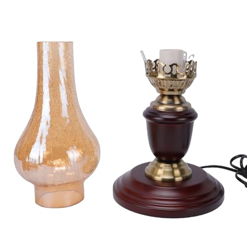 Lampe de bureau électrique avec abat-jour en verre fauve et base en bois stable