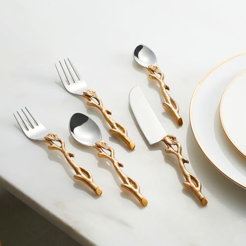 Golden Vine Flatware Cutlery 5-Piece Set - Gold Twig Leaf Stem Collection - Knives, 2 Forks, 2 Soup Spoons - Silver Silverware Stainless Silver Steel & Brass Decorative Handle - For Hosting & Serving by GUTE - Image 8