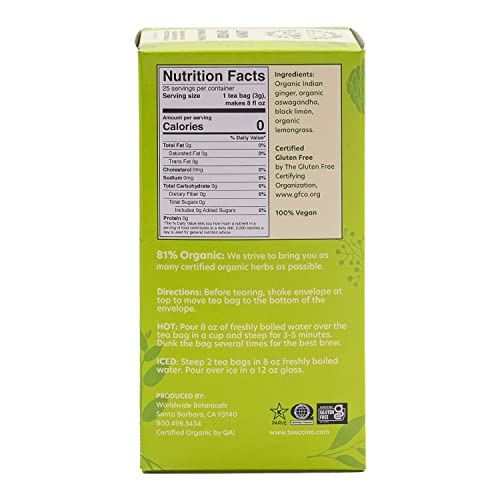 Worldwide Botanicals Lemon Ginger Ashwagandha Tea – 50% More Herbs With 3G Per Tea Bag – Caffeine-Free Herbal Tea Made With Organic Herbs And Adaptogens – Kosher, 25 Tea Bags #TOP4