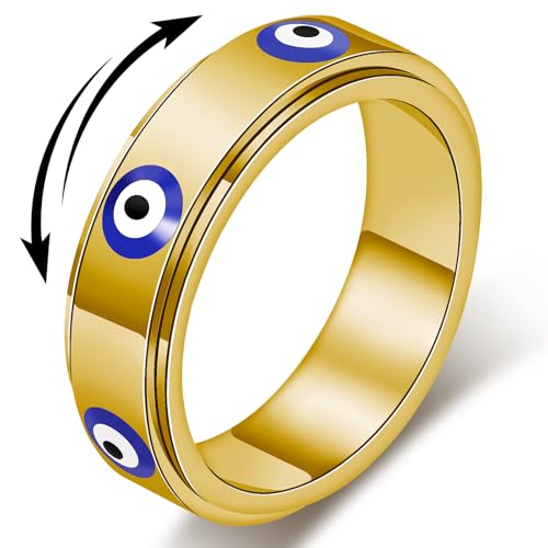 Evil Eye Fidget Ring for Women - 18K Gold Plated Stainless Steel Spinner Rings for Anxiety Relief, Ojo Turco Ring Luck Amulet, Turkish Faith Protection Stackable Jewelry Gift for Women Men