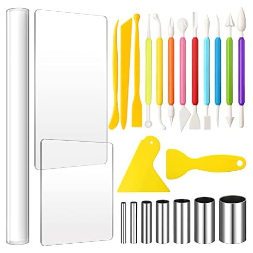 24 Pieces Clay DIY Tool Set, Acrylic Clay Roller, Acrylic Sheet, Plastic Scraper Backing Board, Stainless Steel Round Circle Shape Cutter, Plastic Polymer Clay Shaping Tool for DIY Craft (Colorful)