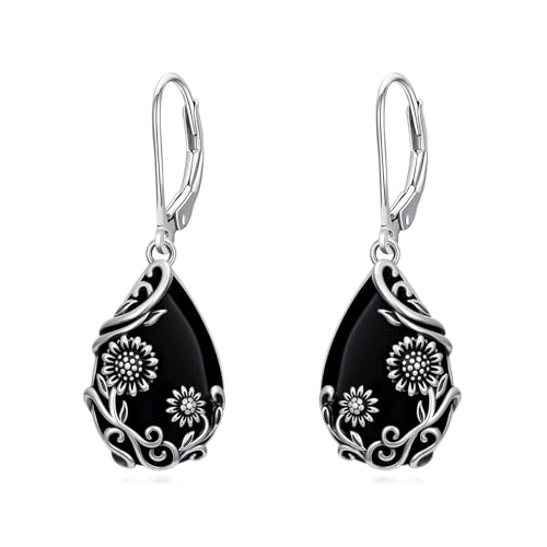 Boucles d'oreilles onyx noir en argent 925 de style goutte et fleur