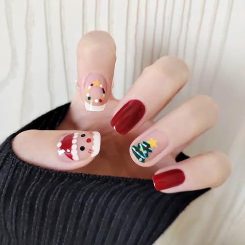 Uñas postizas cuadradas cortas con diseño navideño de Santa Claus y árbol de Navidad rojos y verdes, 24 piezas, brillo francés full cover miniatura 1