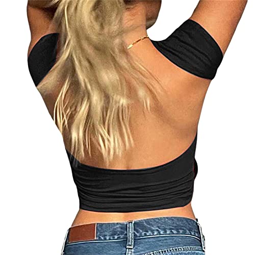 Women Backless T-Shirt Y2K Short Sleeve Crew Neck Crop Tee Top Open Back Slim Fit Blouse Tops(A Black,Small) #TOP2