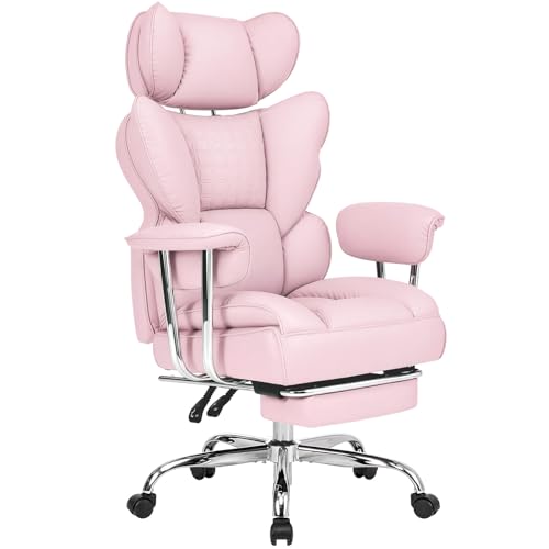 DUMOS Big and Tall Office Chair 400 LBS Scratch-Resistant PU Leather Executive Office Desk Chair with Footrest Ergonomic Reclining Computer Chairs with Pocket Spring Support Pink