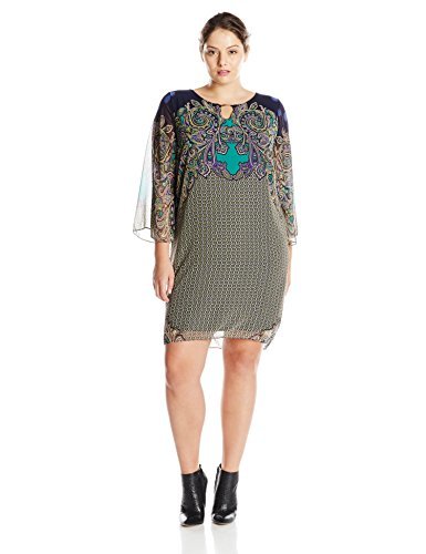Tiana B Women's Plus Size 3/4 Sleeve Paisley Border Printed Dress with Front Neck Keyhole
