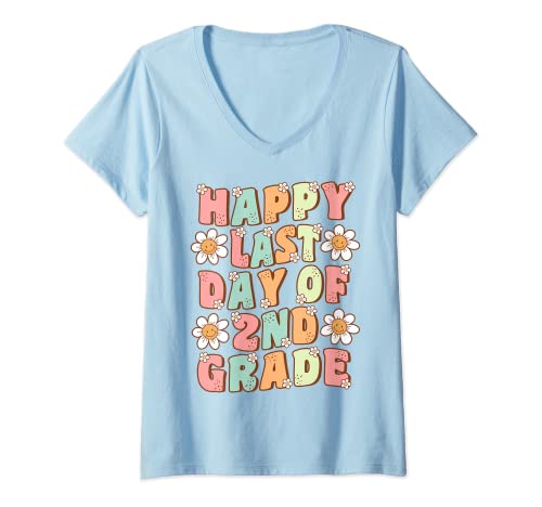 Donna Happy Last Day of 2nd Grade Cute Groovy Second Grade Teacher Maglietta con Collo a V