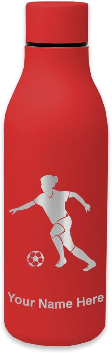 LaserGram Double Wall Stainless Steel Water Bottle, Soccer Player Woman, Personalized Engraving Included