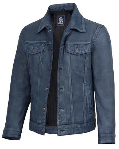 Image of fjackets Real Lambskin Vintage Trucker Leather Jacket Men - Shirt Collar Style Leather Jackets For Mens