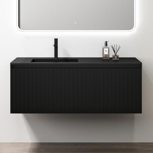 doporro Waschbeckenunterschrank Badmöbel Set Waschtisch mit Unterschrank Wandmontage in matt schwarz, BTH: 120x50x46 cm, inkl. Mineralguss-Waschbecken