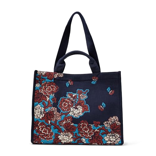 Sac fourre-tout jacquard au motif floral bleu marine avec grand volume intérieur