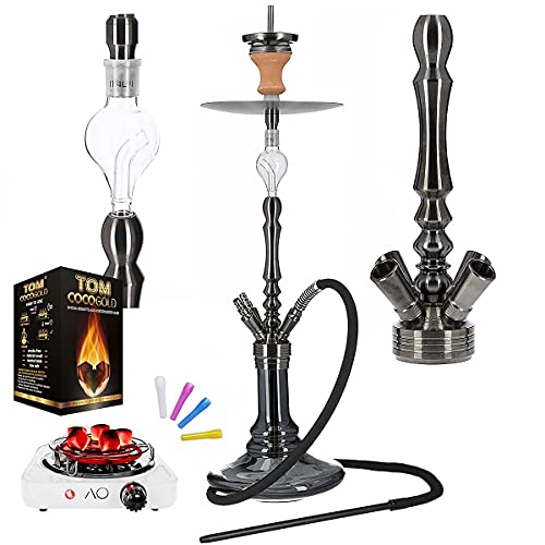 INVI Tesseract Shisha, Edelstahl, 76 cm, Premium-Shisha-Set mit 4 Schlauchanschlüssen, Molassefänger, Closed Chamber…