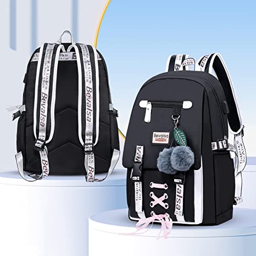 Bevalsa Backpack With Lunch Box For Girls Kids Middle High School College Student 20L Nylon Water Resistant Casual Daypack Children Schoolbag Bookbag With Usb Charging Port (Black) #TOP4