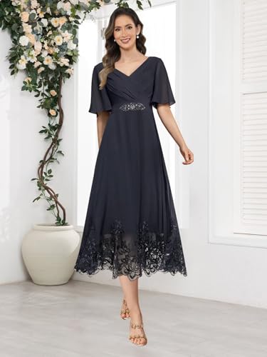 Tea Length Mother of The Bride Dresses for Women Chiffon Lace Applique Formal Evening Dress for Wedding3