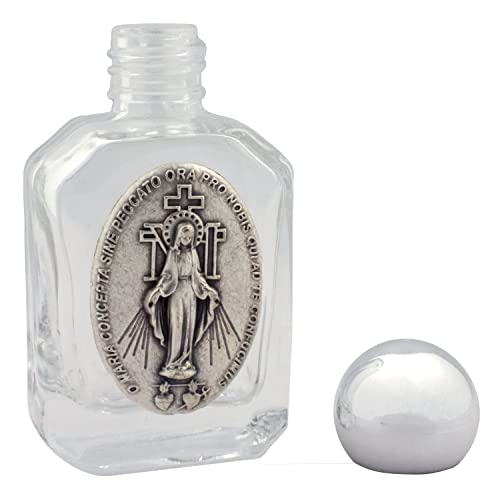 Mini botella de agua bendita | Vidrio con placa de metal de medalla milagrosa | Tapa giratoria en tono plateado | Gran regalo católico para la primera comunión y confirmación