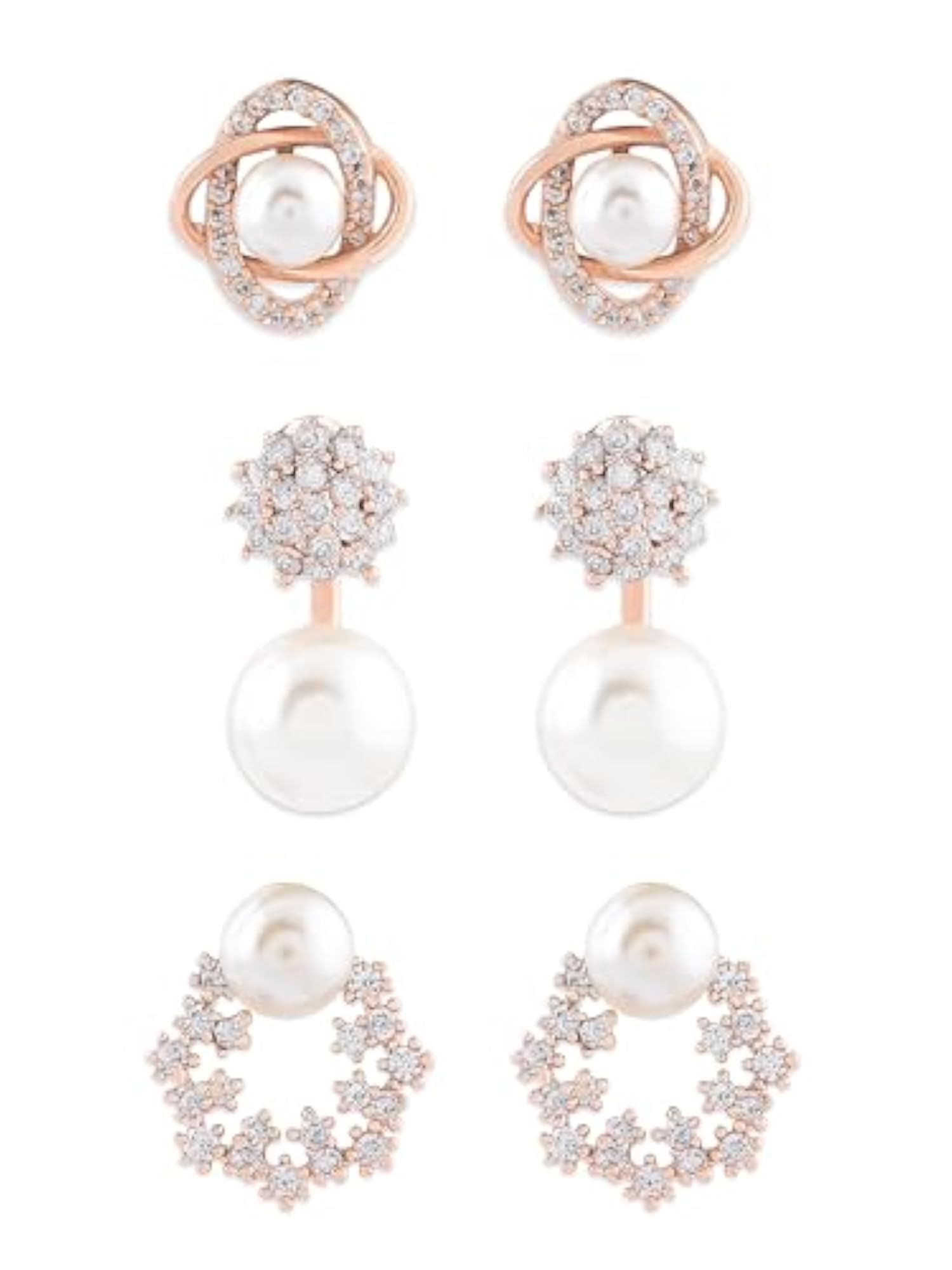 3pc Combo of Cubic Zirconia and Pearls Stud Earrings Set