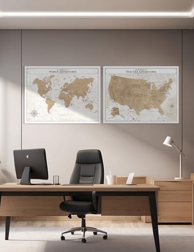 Image of IPIC - Vintage World and USA Push Pin Travel Map Set on Canvas, Large Wall Art for Travel Tracking, Gift for Travelers, Made in USA