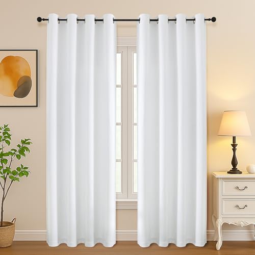 Image of Simplebrand Pure White Light Filtering Curtains for Bedroom Living Room 84 Inch Length 2 Panels Set, Thermal Insulated Curtains & Drapes, Solid Grommet Noise Reducing Window Treatment, W50 x L84 Inch