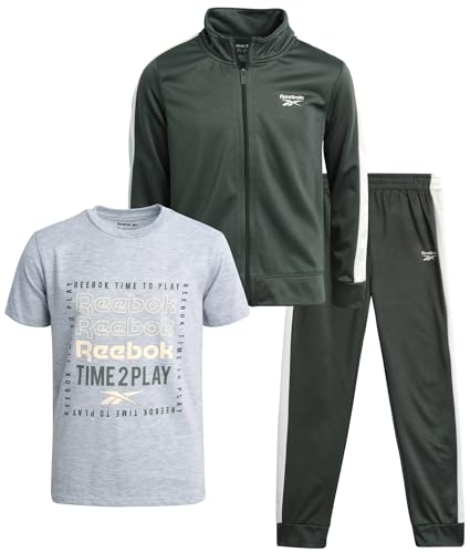 Reebok Conjunto deportivo de 3 piezas con cremallera de tricot para niños, pantalones deportivos, camiseta, conjunto de ropa deportiva para niños (8-12), Verde Universitario, 8