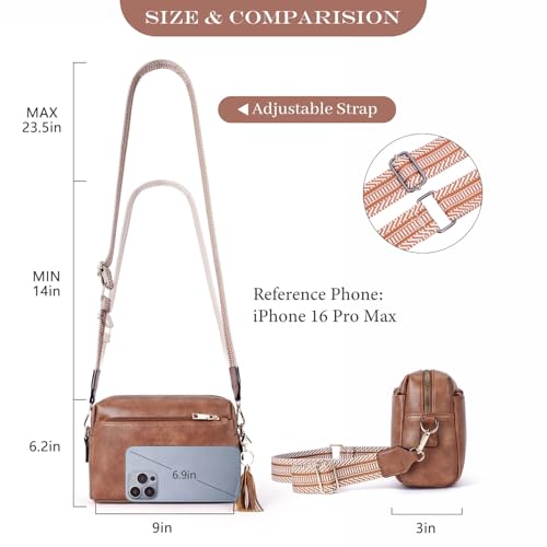 Image of Roulens Triple Zip Small Crossbody Bag for women,Wide Strap Cell Phone Purse Shoulder Handbag Wallet with Credit Card Slots | Triple Zip