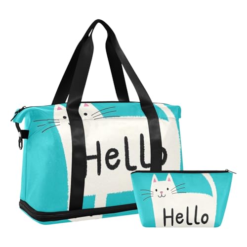 Hello Cartoon Cute White Cat Large Travel Duffel Luggage Gym Bag with Adjustable Strap for Business Trips Multifunctional