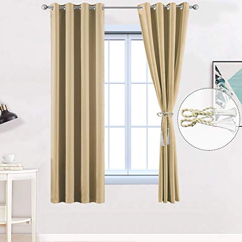 Yakamok Beige Blackout Curtains, Room Darkening Thermal Insulated Drapes for Bedroom, 52W x 63L -Inch - Set of 2